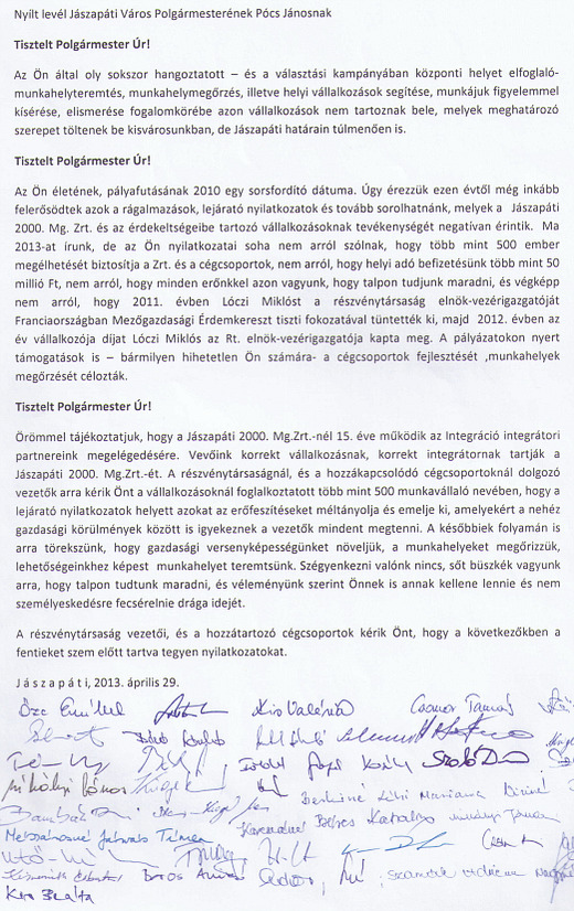 Nyílt levél Jászapáti Város Polgármesterének, Pócs Jánosnak